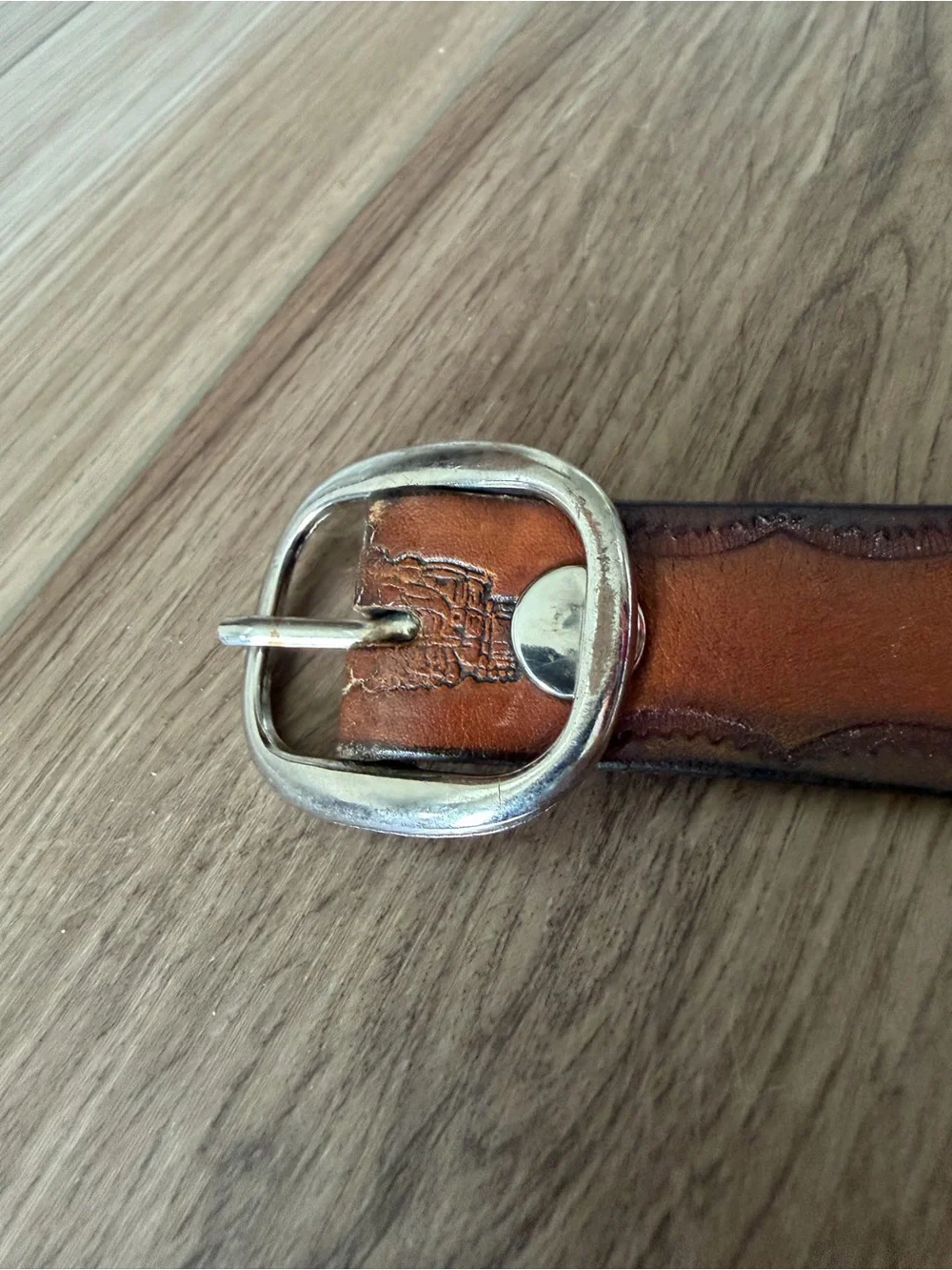 Vintage Brown Leather Train Embossed Belt